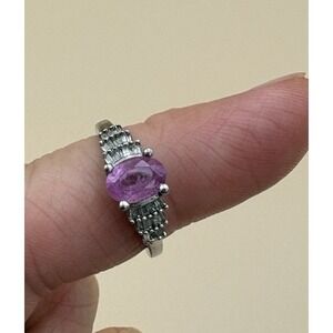 D'Joy 925 Sterling Silver Pink Oval Stone Ring Tapered Baguettes Size 7.5